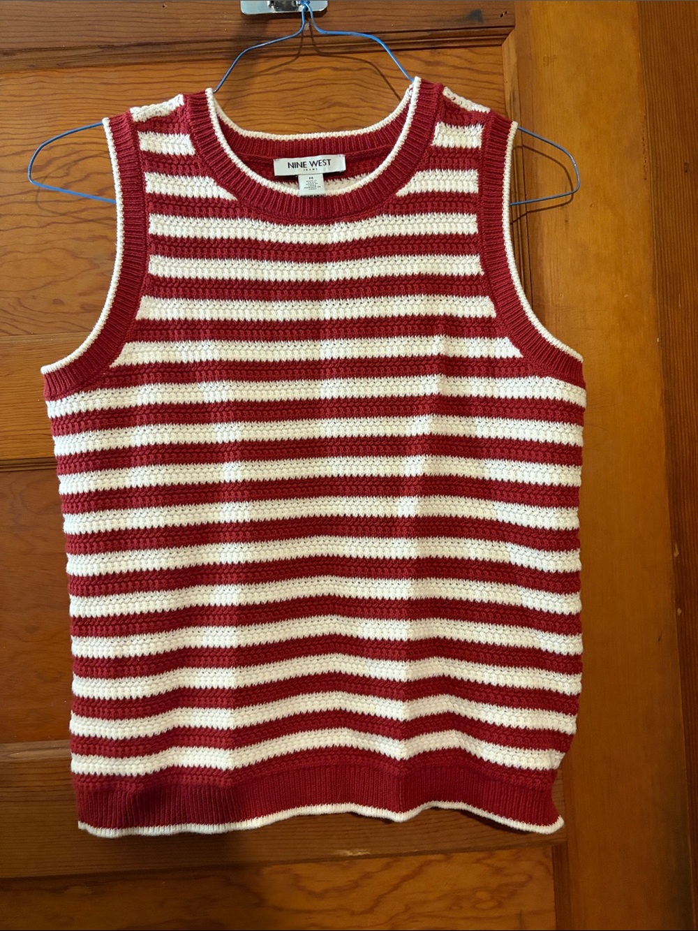 Nine West Red and Cream Striped Crochet Knit Tank